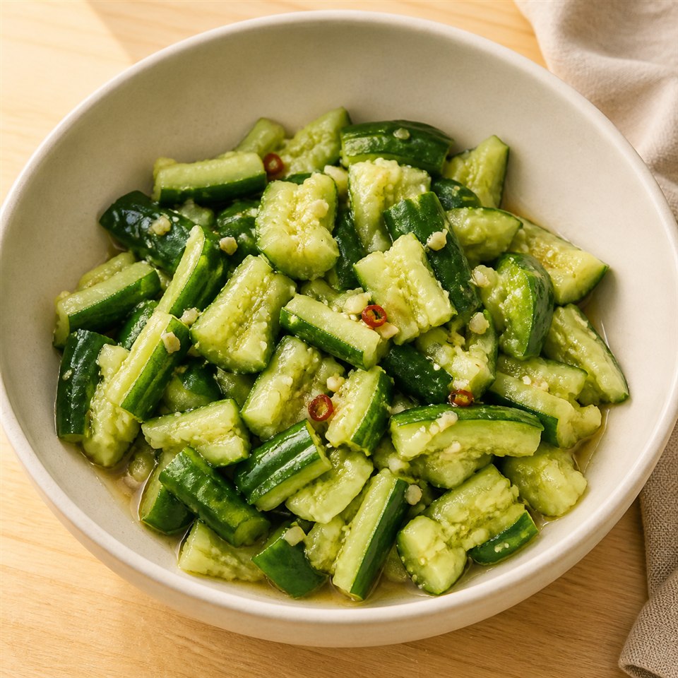 A bowl of smashed cucumber salad