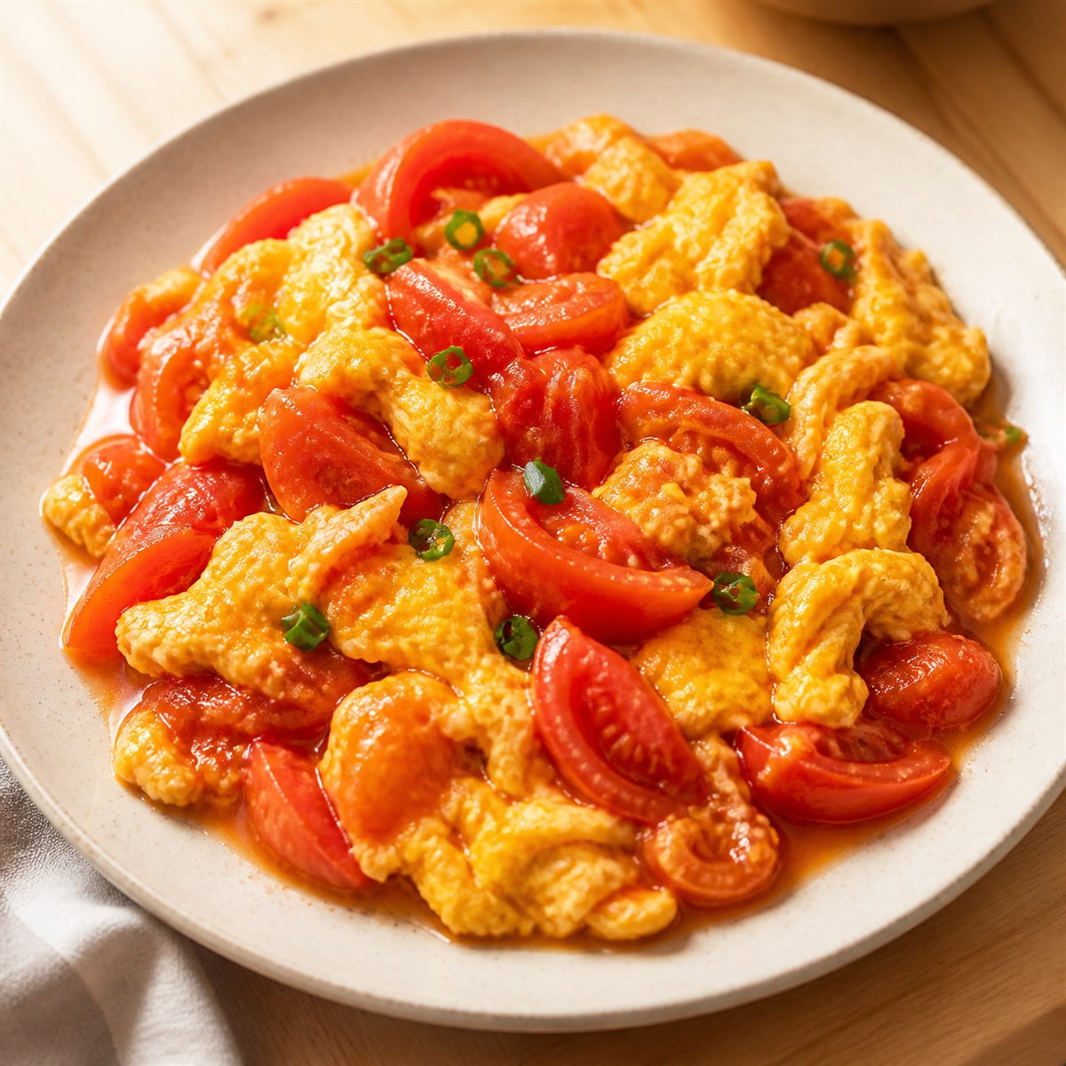 A finished plate of Chinese tomato and egg stir-fry